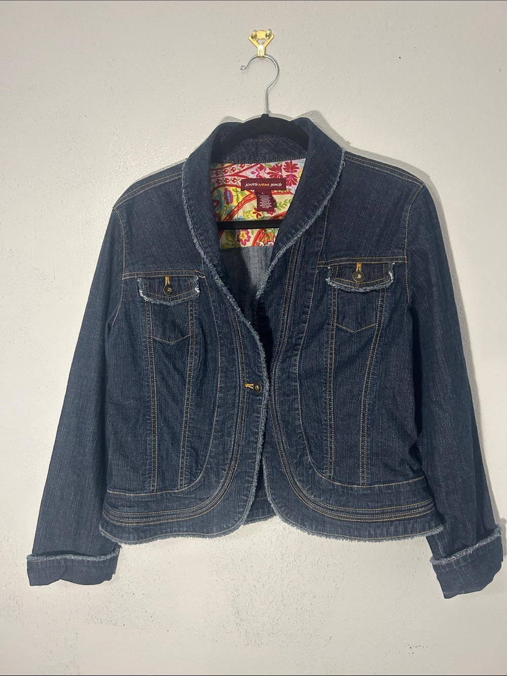 Jones Wear Dark Blue Denim Jacket with Bright Multicolor Floral Lining